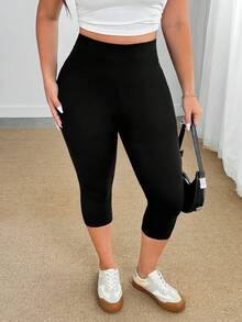 Plus-Size Solid Color High-Waisted Casual Leggings, 95% Cotton, Stretch Capri Length Leggings, For Apple And Rounded Body Shape - Black - View 7