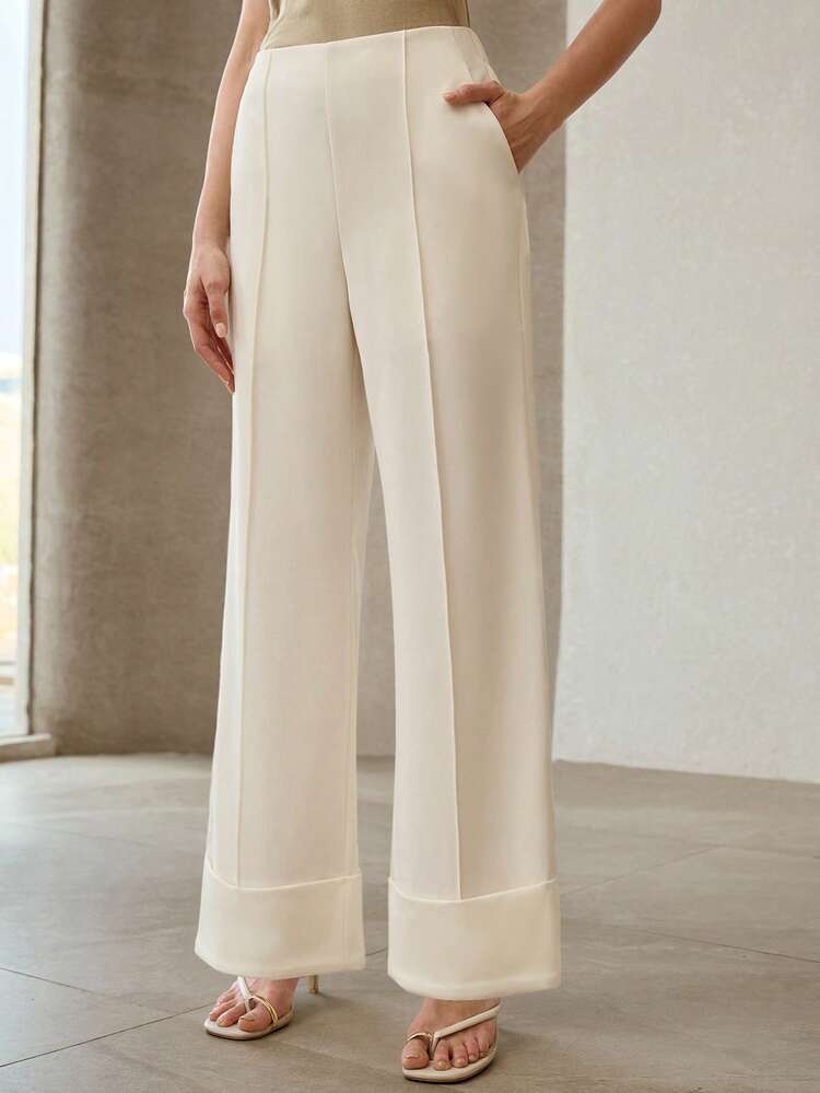 WOMEN'S SOLID COLOR CUFFED HEM STRAIGHT LEG ELEGANT OFFICE PANTS