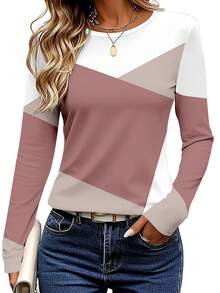 EMERY ROSE Set de 3 camisetas de manga larga para mujer, con diseño de bloqueo de color y estampado de patchwork, diseño de patrón clásico, versátil, adecuado para uso al aire libre, viajes y uso diario, cómodo - Multicolor - Ver 5