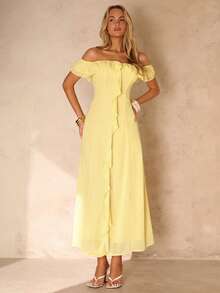 Glamine Pale Yellow Elegant Sexy Off-Shoulder Ruffle Hem Vacation Dress Vacation Summer - Pale Yellow - View 3