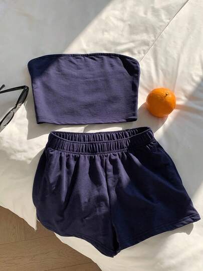 少女夏季休闲百搭日常居家运动无袖露脐上衣和宽松短裤 BM 风格纯色背心套装