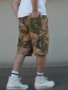 Manfinity EMRG Men's Branch Pattern Cargo Pocket Casual Denim Shorts Boyfriend & Husband Washed Loose Wide Leg For Vacation Cargo Denim Pants - Multicolor - View 2