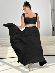 Solflare Plus Size Women Black Big Swing Hem Long Skirt - Black - View 6