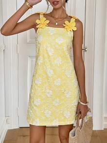 女士休闲花卉提花迷你连衣裙 - 黃色 - 查看 3
