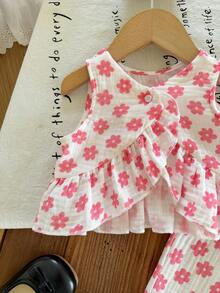 LMoss Kids 2pcs Baby Girl Cherry Print Woven Vest And Pants Set - Pink - View 3