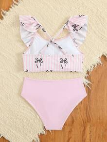 女童泳衣，粉色竖条纹配黑色蝴蝶结印花图案，荷叶边装饰和交叉肩带，适合海滩度假 - 彩色 - 查看 2