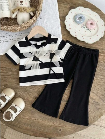 SHEIN 女婴灰色针织短袖蝴蝶结上衣和喇叭裤T恤套装，舒适休闲，夏季日常穿着