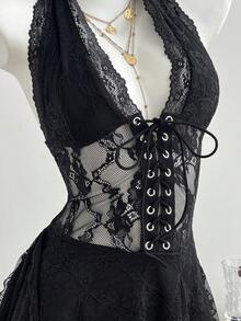 Elamini 女士蕾丝蛋糕裙，Y2K风格，性感深V领，金色孔眼装饰，抽绳 - 黑色 - 查看 5
