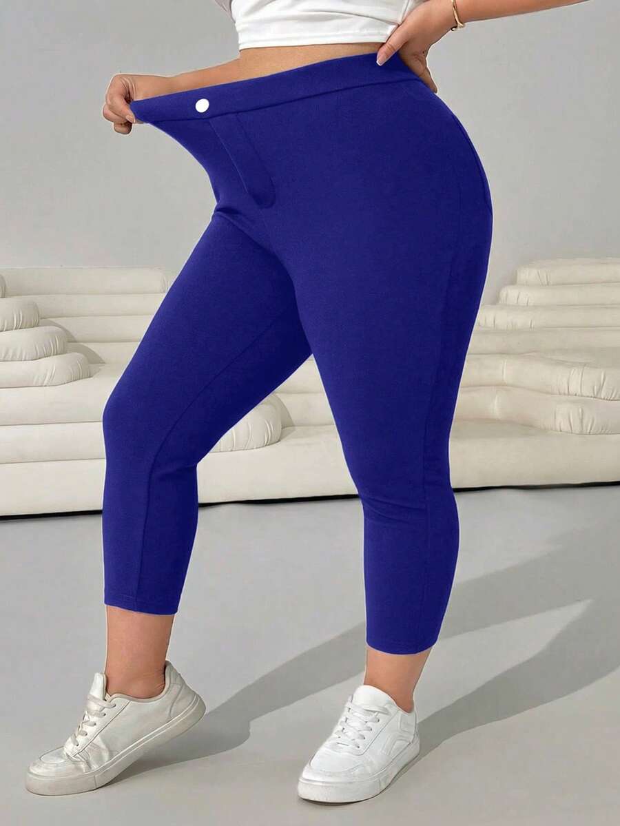 SHEIN EZwear Plus Size Stretch Tight Versatile Cropped Pants - Royal Blue - View 1