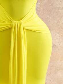 Mistrie Robe sexy plissée à nœud sur le côté avec fente latérale, couleur unie, pour femmes en vacances - Jaune citron - Voir 8