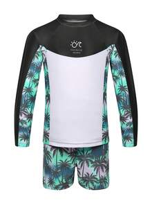 SHEIN Boys' Printed 2 Pieces Casual Vacation Pattern Long Sleeve Swimsuit And Swim Trunks - Green - View 6