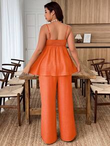 Weeklong Plus Size Women's Casual Camisole & Wide Leg Pants 2 Pieces Set, Spring/Summer - Orange - View 2