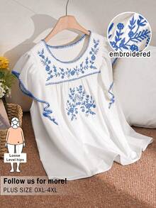 CosyJoli Plus Size Women's Embroidered Blouse, Casual Ladies Clothing, Sleeveless Shirt, Casual Young Women's Ruffle Sleeve Top - Blue and White - View 3