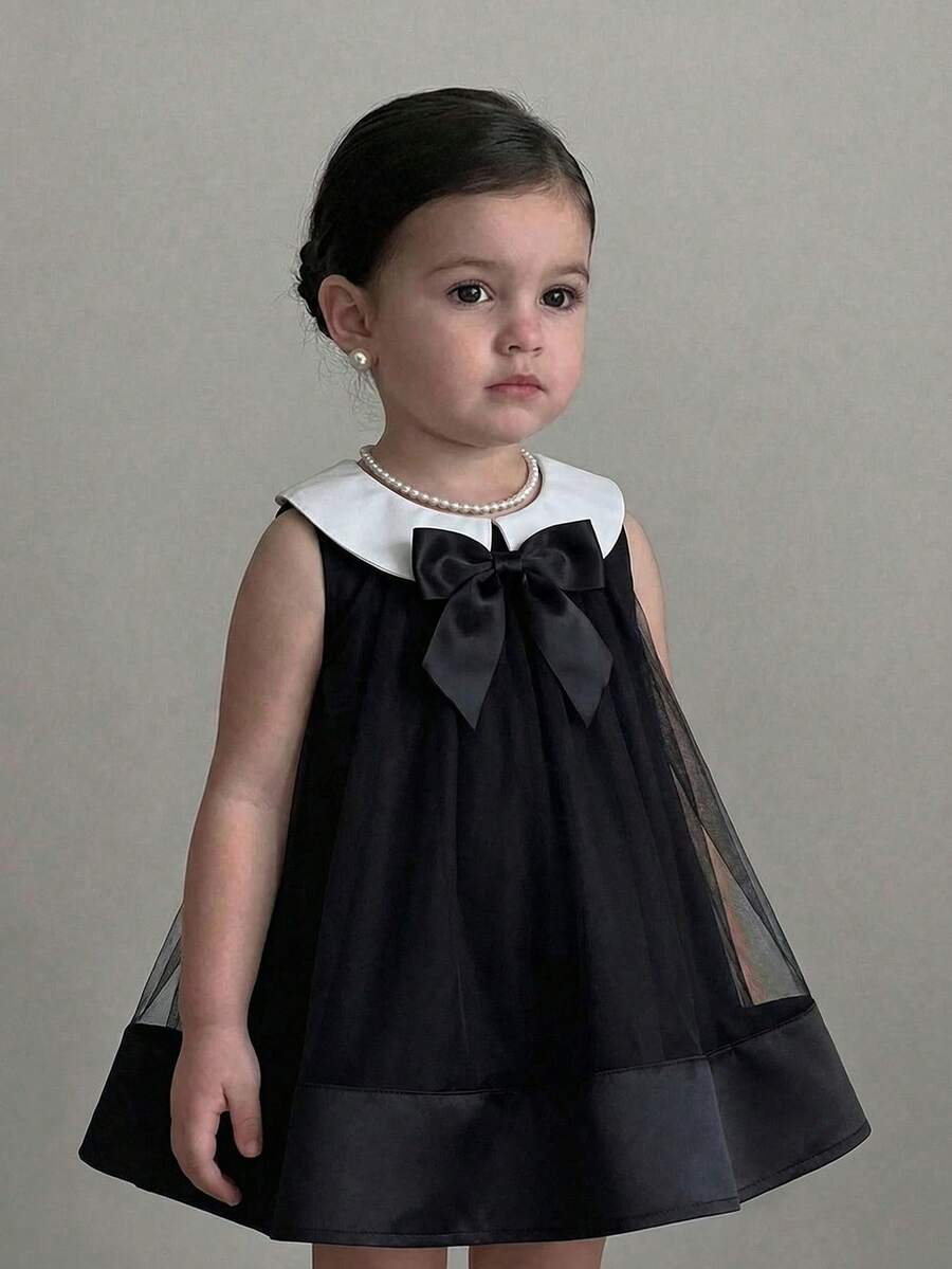 SHEIN Vestido Solto com Gola Peter Pan Azul Marinho Estilo Preppy Fofo para Meninas Bebê - Preto - Visão 1