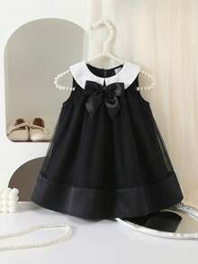 SHEIN Vestido Solto com Gola Peter Pan Azul Marinho Estilo Preppy Fofo para Meninas Bebê - Preto - Visão 4