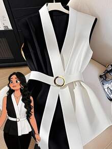 GlowEve CURVE Plus Size V-Neck Sleeveless Shirt With Contrast Color Belt, Fashionable & Elegant Businesschic - Black and White - View 1