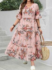 EMERY ROSE Gaun Lengan Ruffle Motif Bunga Ukuran Plus untuk Santai, Pakaian Musim Semi untuk Wanita, Pakaian Liburan Tropis Wanita Musim Gugur - Dusty Pink - View 1