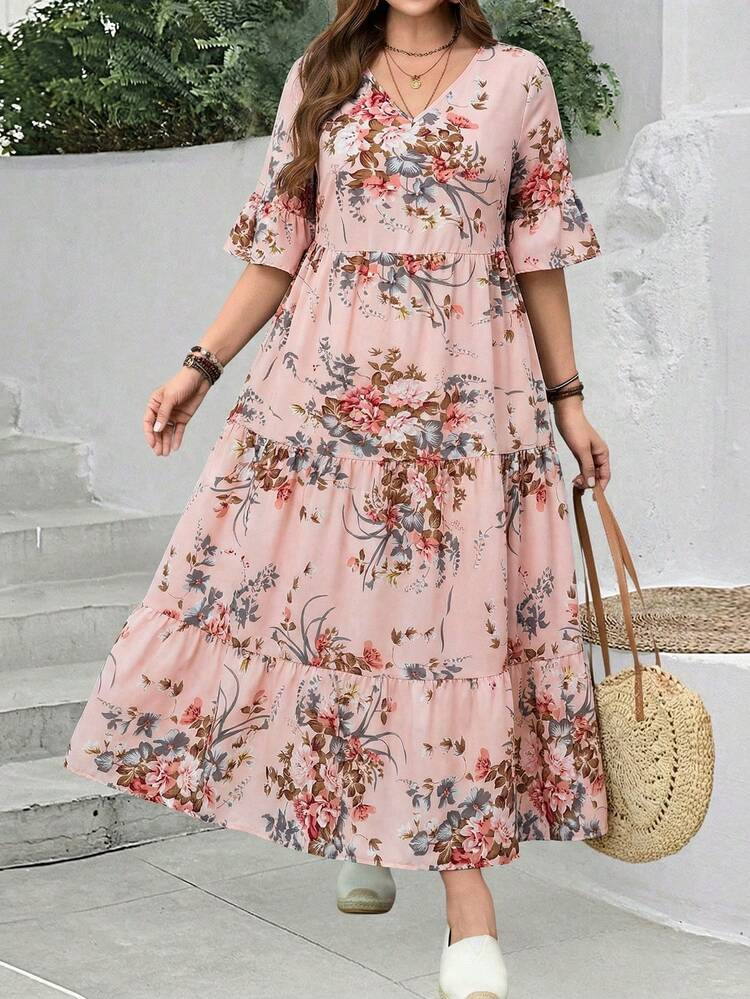 Plus Size Leisure Floral All-Over Print Ruffle Sleeve Dress,Spring Outfits For Women,Tropical Vacation Woman Clothes