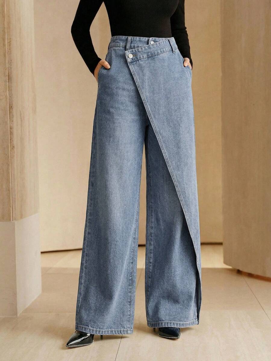 Anewsta Essential New Asymmetrical Design Women's Black Jeans - Blue - View 1