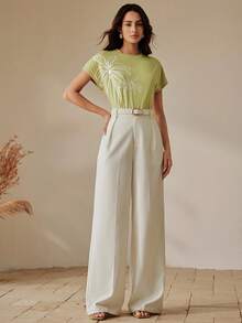 Anewsta Blusa verde de verano para mujer, camiseta de manga corta con patrón bordado y con cuentas de árbol de coco elegante, camiseta casual para mujer, adecuada para atuendos de vacaciones, ropa casual de vacaciones, atuendo de vacaciones de verano - Verde - Ver 7