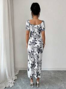 Elenzga Elegantes Damenkleid mit quadratischem Ausschnitt, Puffärmeln, taillierter Passform und Blumenmuster, Frühling/Sommer - Schwarz und Weiss - Übersicht 2