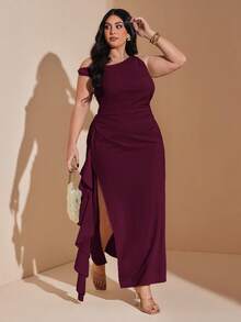 SHEIN BAE 大码女式纯色优雅不对称肩部连衣裙 - 酒紅色 - 查看 5