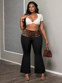 SHEIN PETITE CURVE Pantalon évasé décontracté polyvalent pour le travail avec imprimé léopard et patchwork pour femmes - Noir - Voir 6