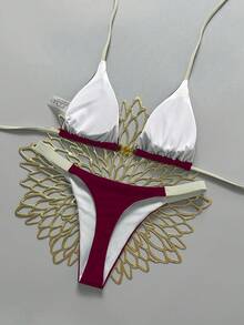 Swim Vcay Bộ bikini hai mảnh dành cho nữ, họa tiết vỏ sò, buộc dây cổ, phối màu tương phản, thích hợp cho kỳ nghỉ biển. - Màu Đỏ Sâu - Xem 2
