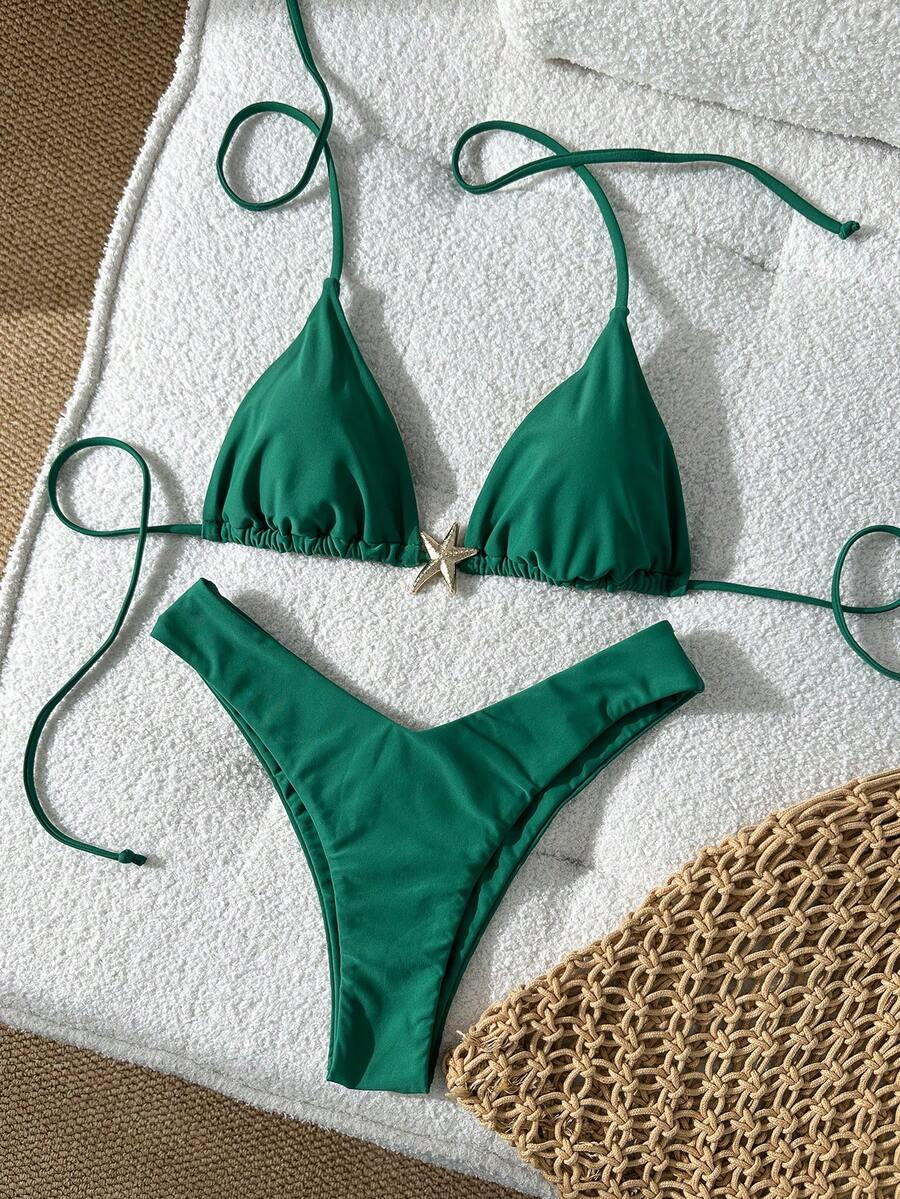 Swim Mod Conjunto de bikini de unicolor con tirantes finos y decoración metálica, sexy para mujer. Conjunto de bikini de verano de 2 piezas para mujer, traje de baño verde, conjunto de bikinis para mujer, conjunto de bikini con efecto push-up - Verde - Ver 1