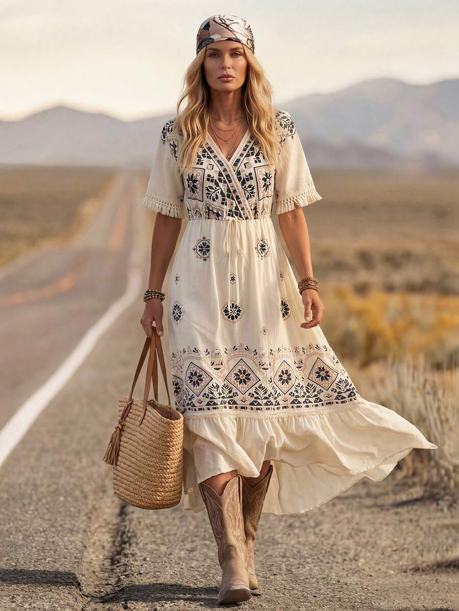 LanaWest Women's Summer Boho Holiday Vacation Black And Cream V-Neck Digital Placement Print Cuff Splice Tassel Floral Layered Ruffle Hem Western Casual Dress - Apricot - View 1