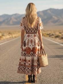 LanaWest 女士复古印花V领喇叭袖腰部荷叶边下摆波西米亚休闲连衣裙，夏季 - 彩色 - 查看 2