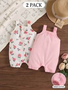 SHEIN 两件套女婴服装套装，时尚少女复古植物花卉玫瑰印花纯粉色无袖吊带连体衣，柔软舒适，适合夏季春季海滩派对、度假野餐等场合，是0-12个月女婴的理想之选。 - 粉色 - 查看 8