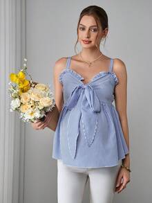 Momance Áo hai dây nữ kẻ sọc, xếp ly đôi, nơ xinh xắn, phong cách ngọt ngào cho kỳ nghỉ - Xanh và trắng - Xem 4