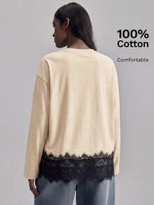 Ontre 2026春夏新款女士T恤，蕾丝撞色下摆长袖衬衫，都市通勤商务休闲女装基础款上衣，优雅婚礼宾客装扮，休闲春季上衣 - 黃色 - 查看 3