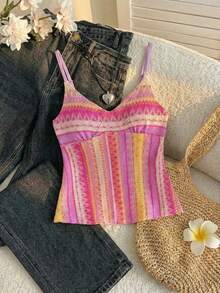 SHEIN Top informal sin mangas con cuello en V para niña preadolescente, con tela texturizada de patrón geométrico retro, adecuada para festival de música, estilo bohemio, vacaciones, tarde de té - Multicolor - Ver 11