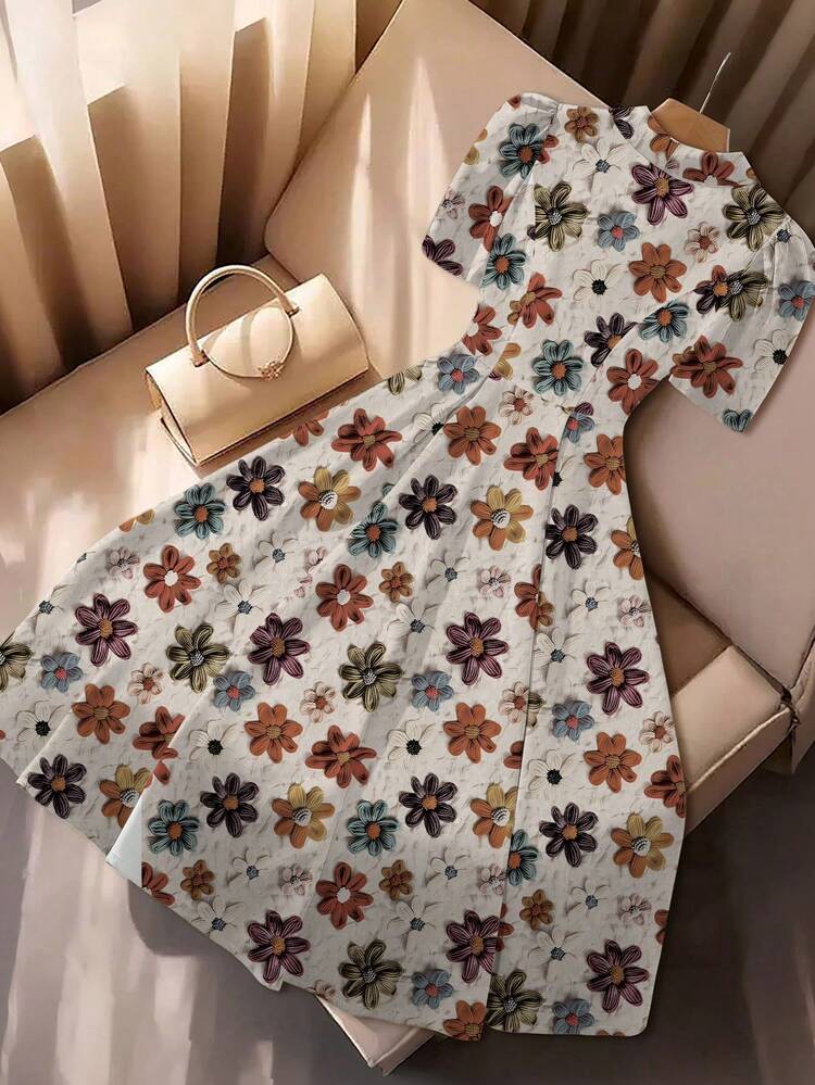 Franclia Women's Summer Floral Print Turndown Collar Short Sleeve A-Line Dress, Elegant Ladies Apparel For Office, Commute, Casual, Formal Occasions, Versatile Urban Fashion Dresses Floral Blouses For Women New Elegant - Multicolor - View 2