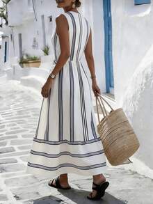 SHEIN Holidaya Women's Vacation Striped Short Sleeve Dress Woman Dress Greece Vacation Outfits Women Beach Outfits For Woman Vacation Dress Zanea Dress For Woman - Black and White - View 2