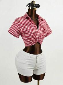 SHEIN BamGlam Áo sơ mi nữ kẻ caro xếp ly, kiểu dáng thường ngày, đa năng. - Đỏ - Xem 1