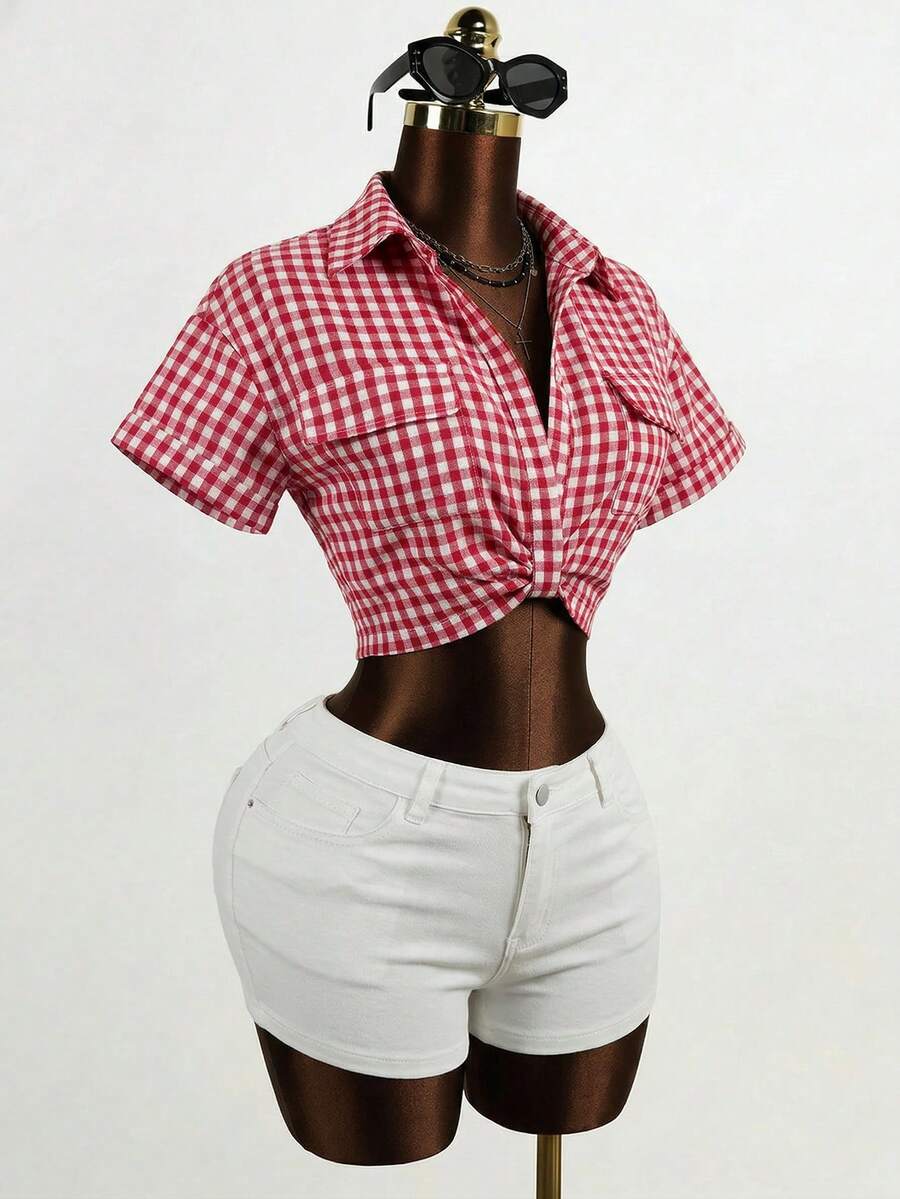 SHEIN BamGlam Áo sơ mi nữ kẻ caro xếp ly, kiểu dáng thường ngày, đa năng. - Đỏ - Xem 1