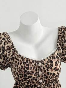 SHEIN Teen Girl Leopard Print Lace Patchwork Button-Up Fashionable Shirt - Brown - View 5