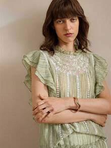 Ontre 2026春夏女式荷叶边上衣，荷叶边袖口，纯色设计，时尚百搭，适合春夏穿着，优雅女式衬衫，适合户外、海滩、波西米亚风度假，舒适百搭。 - 綠色 - 查看 6