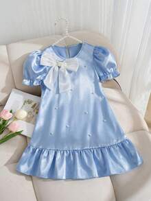 Young Girl's Sweet Faux Pearl Beaded Petal Sleeve Dress, Summer Dresses For Girls Girls Apparel Young Girls Dresses Child Dress Kids Clothes Casual Dress For Kids Girls Summer Dress Girls Blue Dress Young Girl Dresses Kids Summer Dresses Modely Kids Dress - Blue - View 8