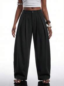 SHEIN EZwear 复古休闲街头风宽松橄榄绿弧形裤脚大码长裤，秋冬款 - 黑色 - 查看 4