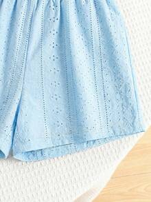 SHEIN LMoss Kids Tween Girl 2 Pieces Set: Casual Comfortable Round Neck Ruffle Blouse And Pants - Blue - View 3
