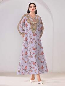 Casual Minimalist Modest Floral Print Long Sleeve Arabic Dress - Multicolor - View 4
