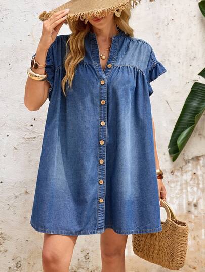 EMERY ROSE Đầm denim nữ tay bồng cài một hàng khuy, kiểu dáng thường ngày, thích hợp cho kỳ nghỉ và đi biển.