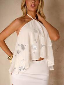 SHEIN Glamour Women's Loose Fit Spaghetti Strap Sequin Camisole Sexy Top Golf White Summer - Apricot - View 2