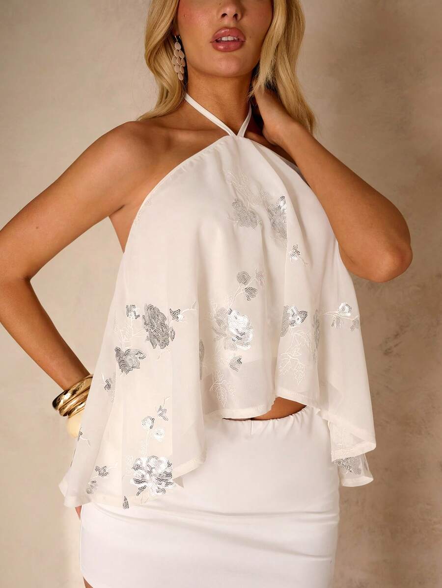 SHEIN Glamour Women's Loose Fit Spaghetti Strap Sequin Camisole Sexy Top Golf White Summer