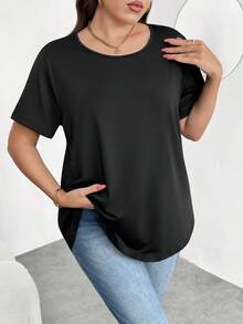 Enliva Plus Size Casual Basic Casual Crew Neck Short Sleeve Knitted T-Shirt Office Black Summer, For Apple And Rounded Body Shape - Black - View 8