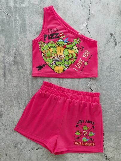 TEENAGE MUTANT NINJA TURTLES | SHEIN 2件套女婴运动休闲风舒适背心短裤套装，联名款